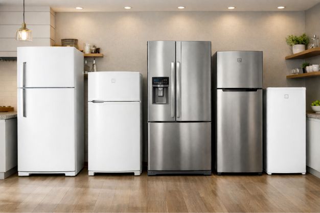 Geladeiras modernas em diferentes tamanhos e estilos organizadas em cozinha contemporânea