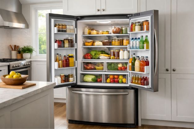 Geladeira grande inox de portas duplas aberta em cozinha moderna, com interior organizado e alimentos armazenados