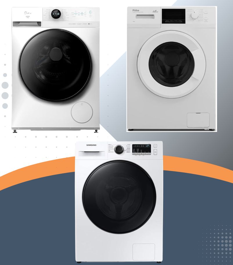 Comparação entre três máquinas de lavar frontais com portas pretas e painéis digitais diferentes