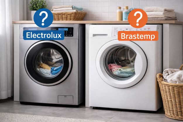 Duas secadoras de roupas lado a lado em lavanderia para comparação entre modelos semelhantes