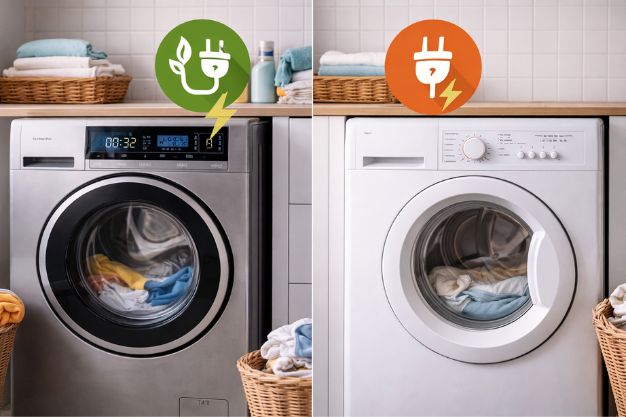 Comparação entre secadora moderna com painel digital e modelo simples, destacando diferença de eficiência energética