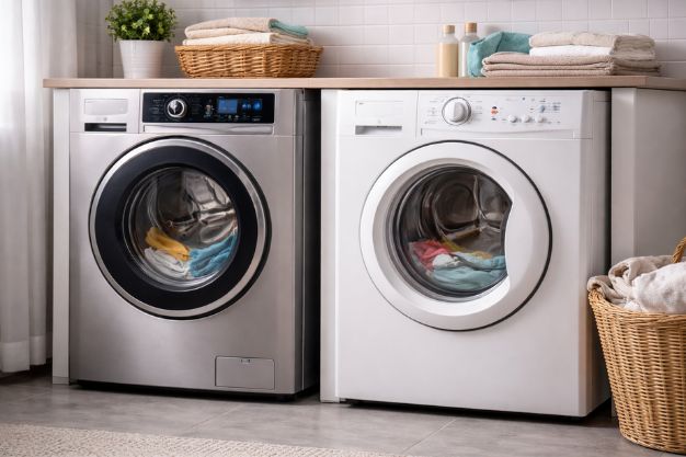 Secadoras de roupas lado a lado, uma com painel digital moderno e outra com controle simples, em lavanderia residencial
