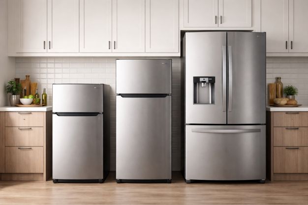 Cozinha moderna com três geladeiras de tamanhos diferentes lado a lado mostrando comparação de tamanhos de geladeira
