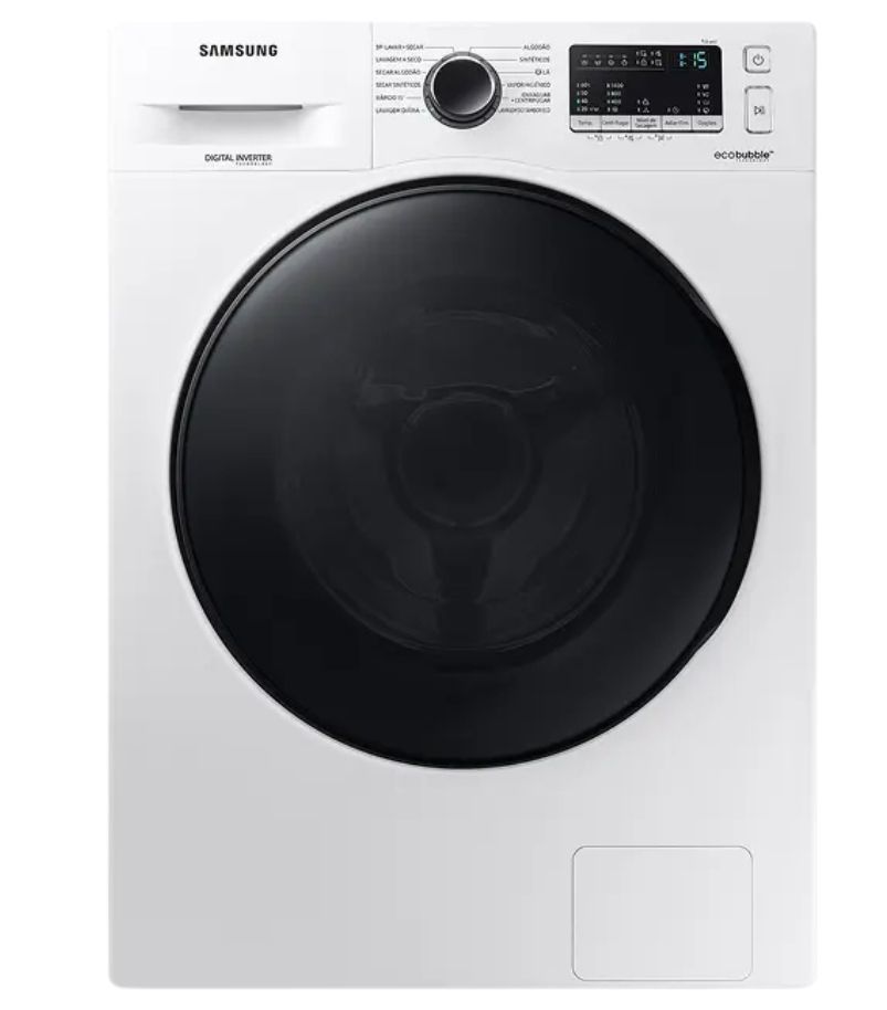 Lava-E-Seca-Samsung-Wd11a-Com-Ecobubble-Branca-11kg Lava e seca Samsung branca com abertura frontal, porta preta ampla e painel digital superior