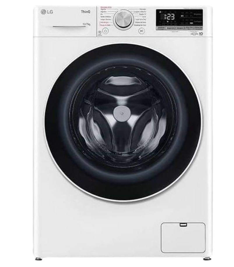 Lava-e-Seca-LG-VC4-12kg-CV5012WC4 Lava e seca LG branca com abertura frontal, porta circular preta e painel digital superior