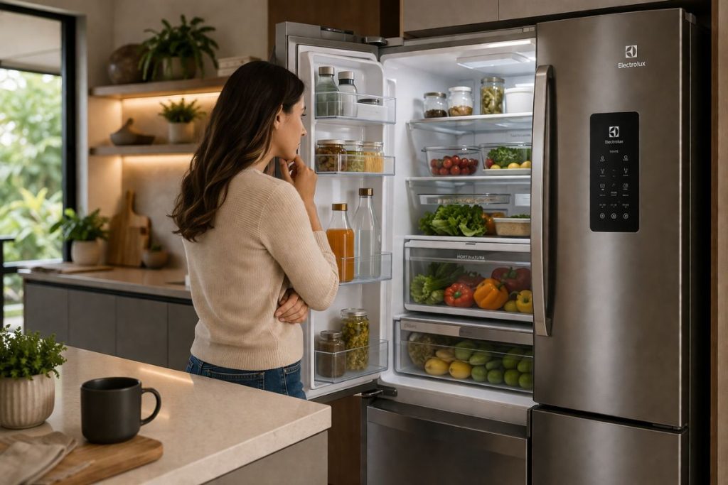 Mulher observando o interior de uma geladeira moderna em cozinha planejada