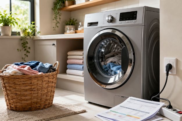 Máquina de lavar roupas moderna em lavanderia residencial mostrando contexto de consumo de energia e economia doméstica.