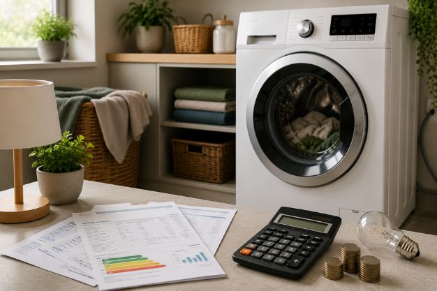 Máquina de lavar ao lado de calculadora e conta de energia mostrando relação entre consumo em kWh e custo na conta de luz.