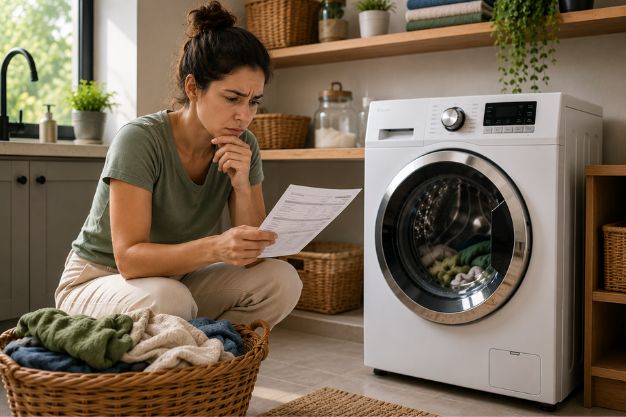Pessoa analisando conta de energia ao lado de máquina de lavar em lavanderia residencial moderna.