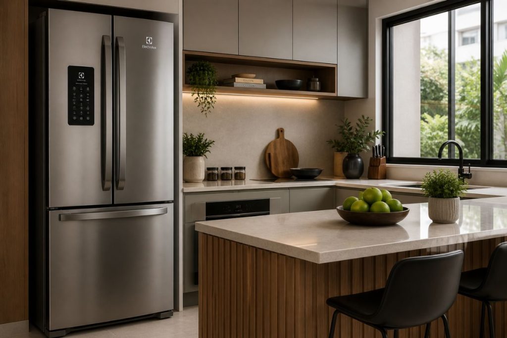 Geladeira inox moderna em cozinha planejada contemporânea