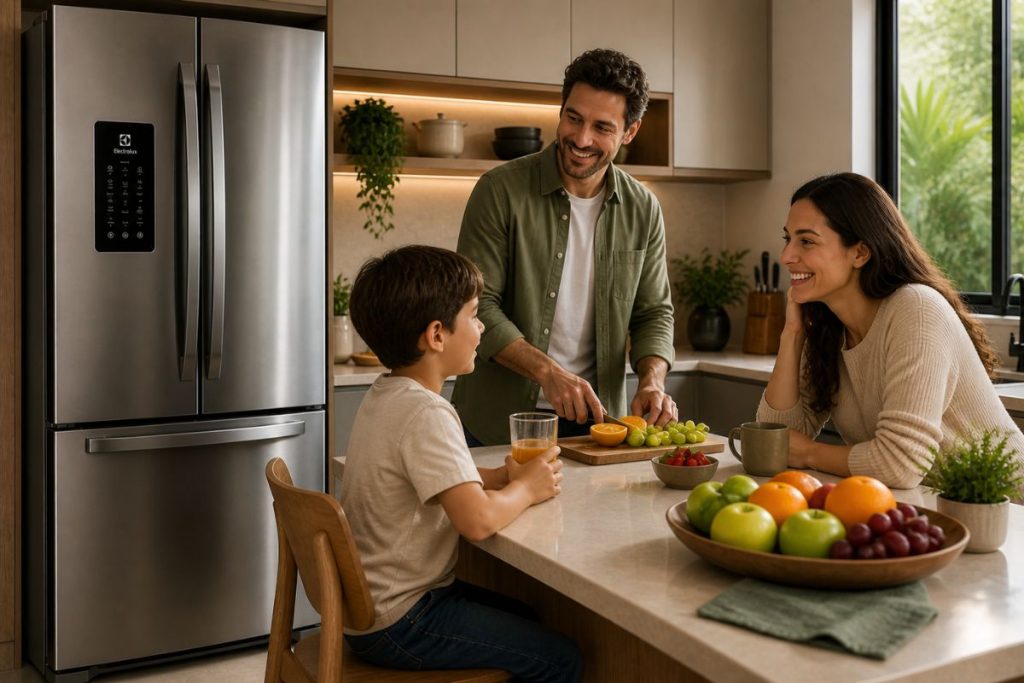 Família utilizando geladeira moderna em cozinha aconchegante