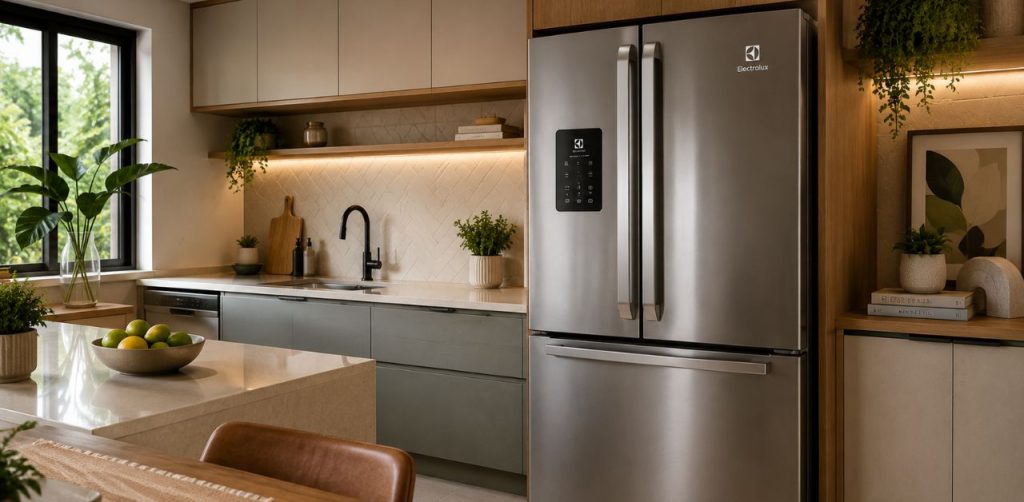 Geladeira inox moderna em cozinha planejada e iluminada