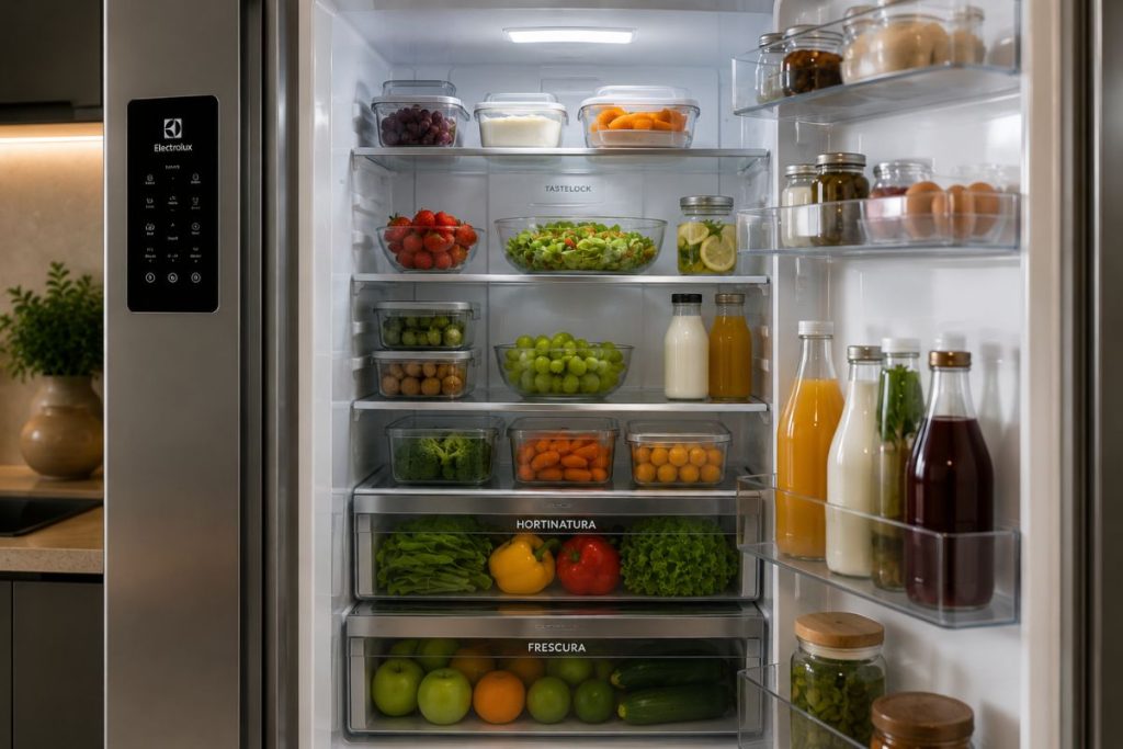 Interior organizado de geladeira moderna com alimentos frescos