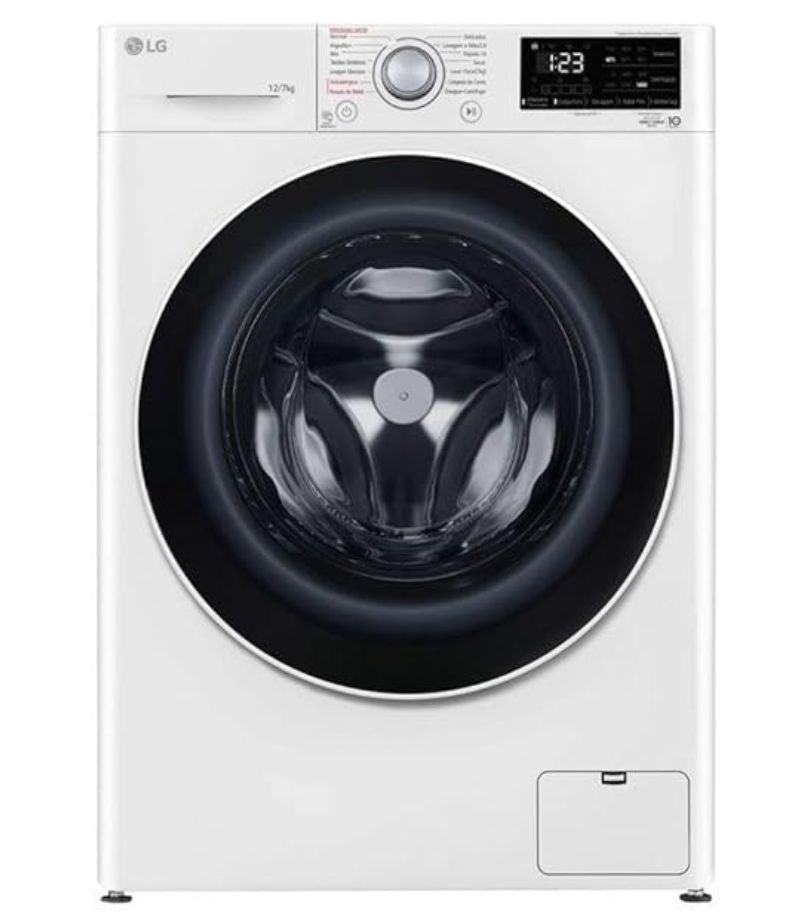 lava-e-seca-LG-12kg-VC5-CV3012WC5 Lava e seca LG branca com abertura frontal, porta circular preta e painel digital superior