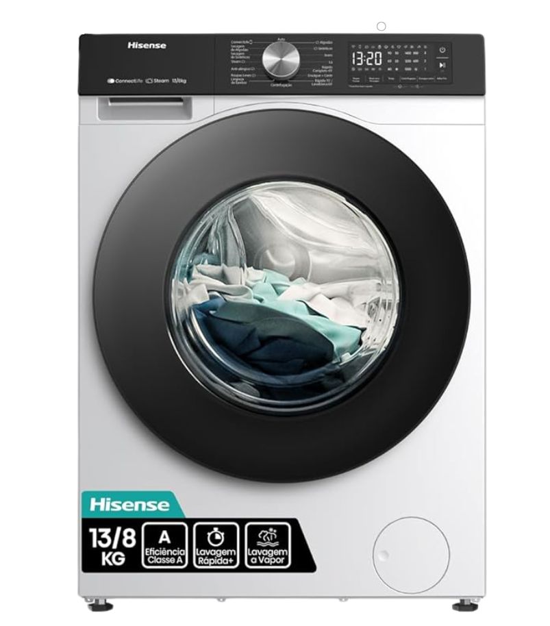lava-e-seca-hisense-13kg-w3s13 Lava e seca Hisense branca com abertura frontal, porta preta ampla e painel digital superior