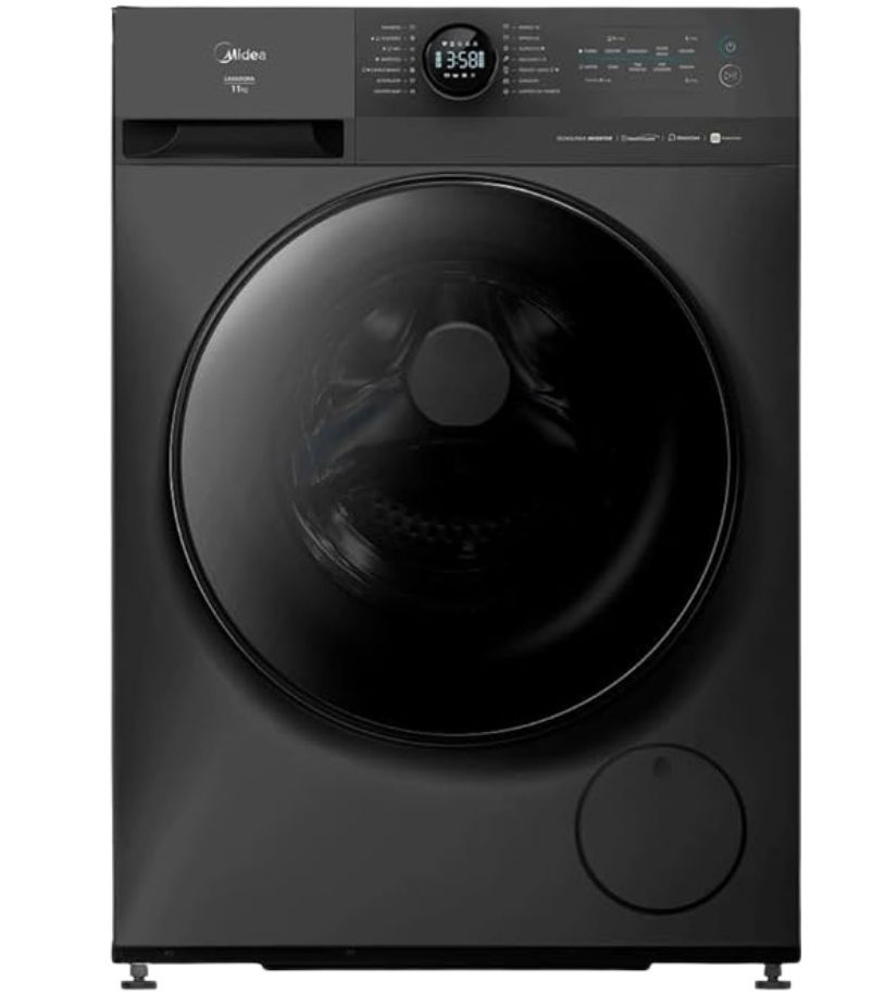 lavadora-midea-11-kg-MF201W110WB-GK-01 Máquina de lavar Midea preta com abertura frontal, porta ampla e painel digital superior central