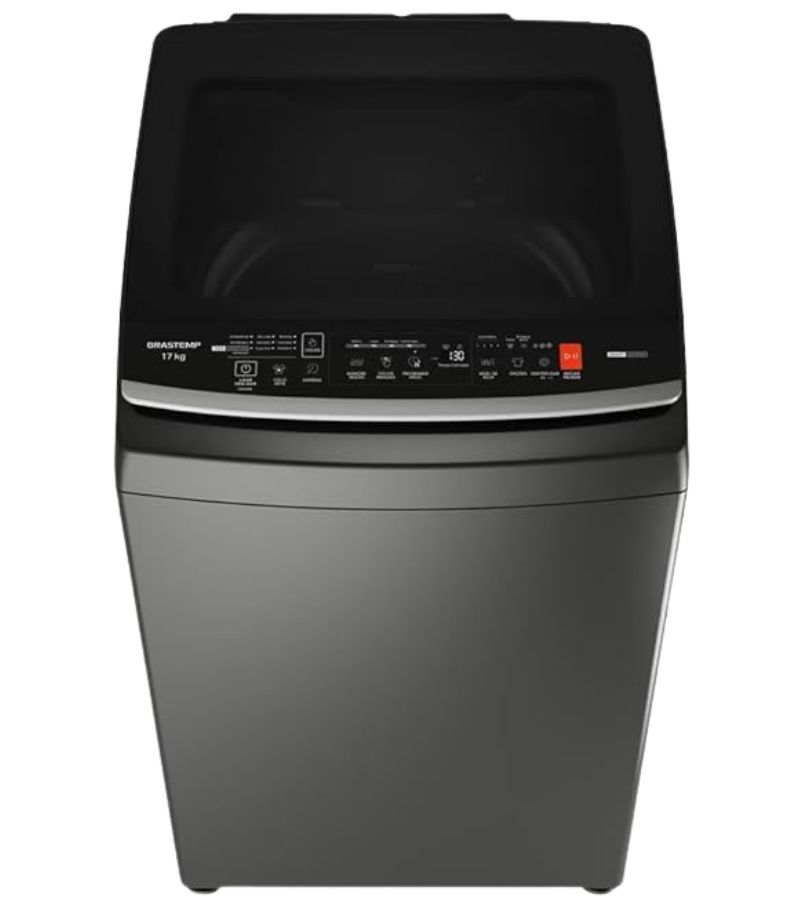 maquina-de-lavar-brastemp-17kg-BW17LTA Máquina de lavar Brastemp cinza de abertura superior com tampa de vidro escura e painel digital frontal