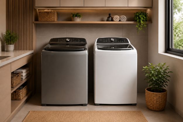 Máquina de lavar roupas Brastemp ou Electrolux lado a lado em lavanderia moderna e bem iluminada