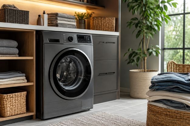 Máquina de lavar inverter moderna em lavanderia residencial sofisticada e organizada.