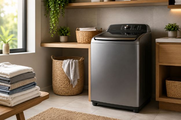 Máquina de lavar roupa 17kg moderna em lavanderia organizada e iluminada