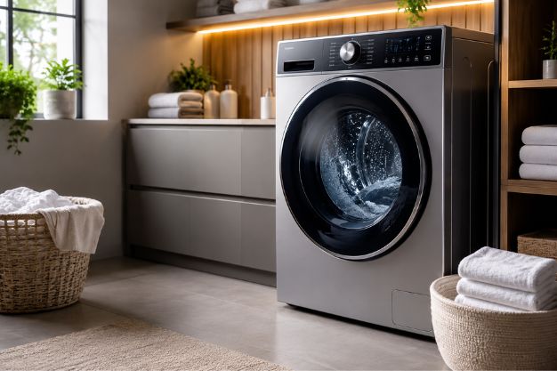 Melhor máquina de lavar roupa com água quente em lavanderia moderna com lavadora premium e painel digital