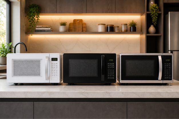 Melhor microondas custo benefício com três modelos modernos sobre bancada de cozinha planejada e iluminada