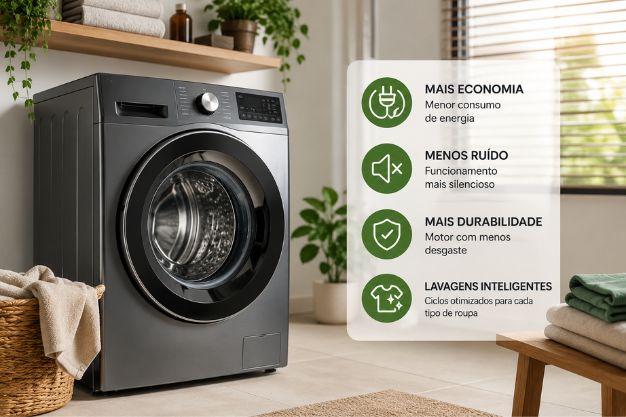 vantagens-maquina-de-lavar-inverter Máquina de lavar inverter moderna em lavanderia residencial destacando economia, silêncio e eficiência energética.