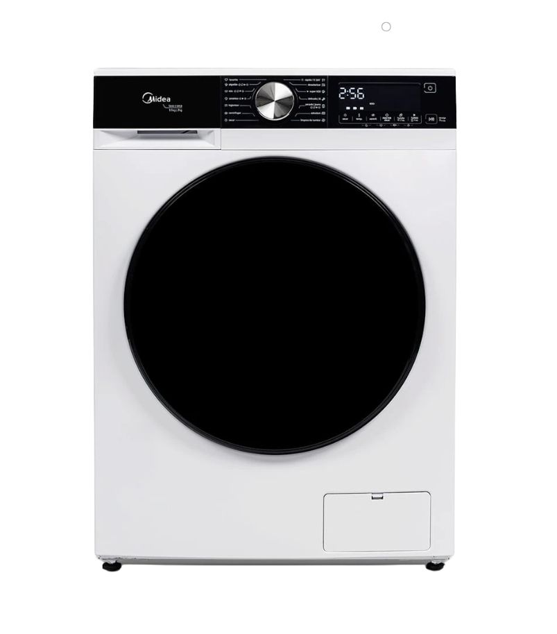 Midea-Lava-e-Seca-11kg-Master-Clean-MFM01D110WB Lava e seca Midea branca com abertura frontal, porta preta ampla e painel digital superior