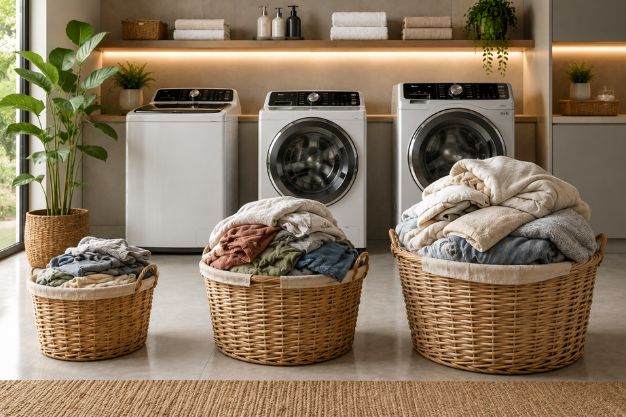 Cestos com diferentes volumes de roupas em frente a máquinas de lavar ilustrando como escolher a capacidade ideal de acordo com a rotina da casa.