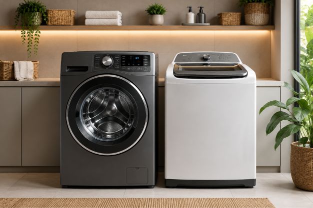Comparação entre máquina de lavar Front Load e Top Load em lavanderia moderna mostrando as diferenças visuais entre os dois formatos.
