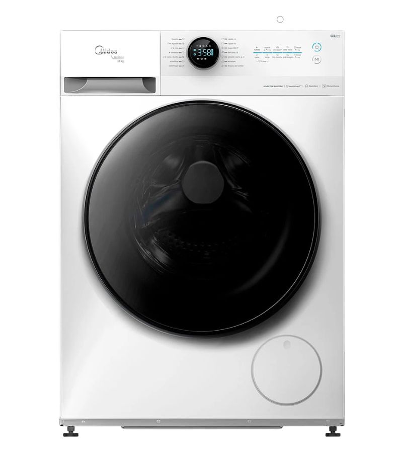 lavadora-Midea-11kg-HealthGuard-Smart Lavadora Midea branca de abertura frontal com porta preta ampla e painel digital circular superior
