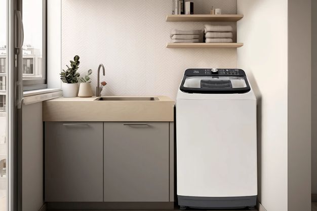 lavadora-midea-mais-elogiada-no-mercado Máquina de lavar Midea de abertura superior instalada em lavanderia compacta com pia e prateleiras