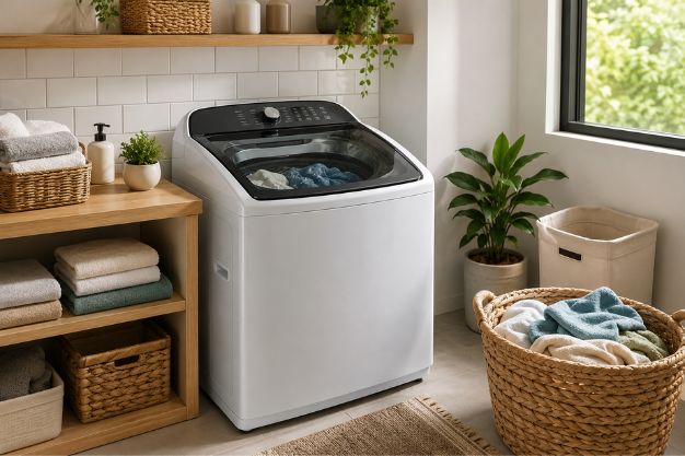 Máquina de lavar moderna em lavanderia organizada representando consumo consciente de água e eficiência na lavagem de roupas.
