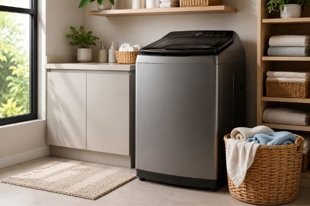 Máquina de lavar Midea em área de serviço moderna com roupas organizadas e ambiente residencial iluminado.