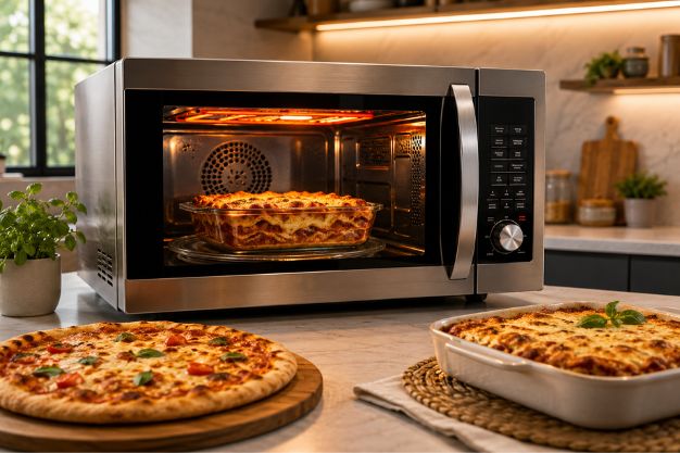 Melhor micro-ondas com grill em uma cozinha moderna, com alimentos gratinados como lasanha e pizza ao redor do aparelho.