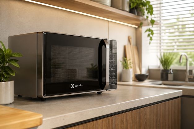 Melhor microondas Electrolux em cozinha moderna com acabamento inox e ambiente doméstico organizado.