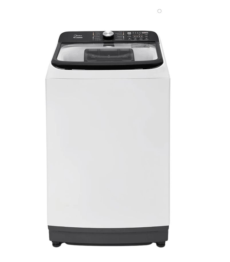 midea-13 kg-Wave-Agitador-MA512W130A Máquina de lavar Midea branca de abertura superior com tampa transparente e painel eletrônico preto