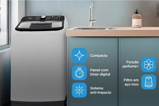 vantagens-da-lavadora-midea Máquina de lavar Midea instalada em lavanderia com pia e armários, ao lado de ícones informativos sobre recursos do modelo