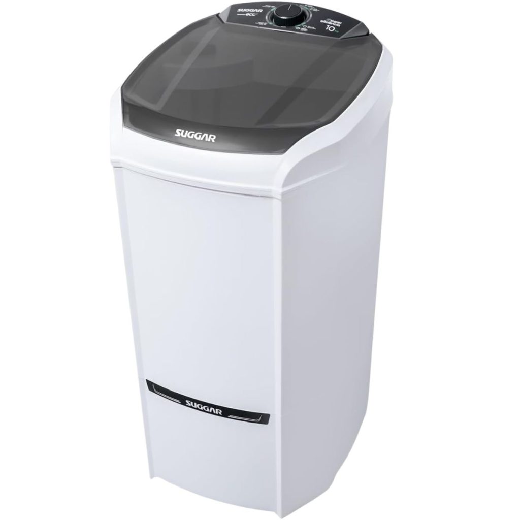 Tanquinho Suggar Lavamax Eco LE1021BR branco com tampa escura, painel superior e controle giratório