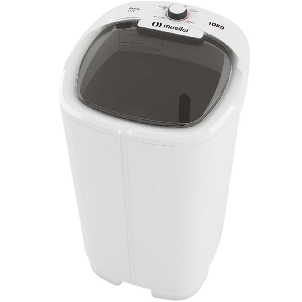 Tanquinho Mueller Family Lite 10 kg branco com tampa escura e painel superior com controle giratório